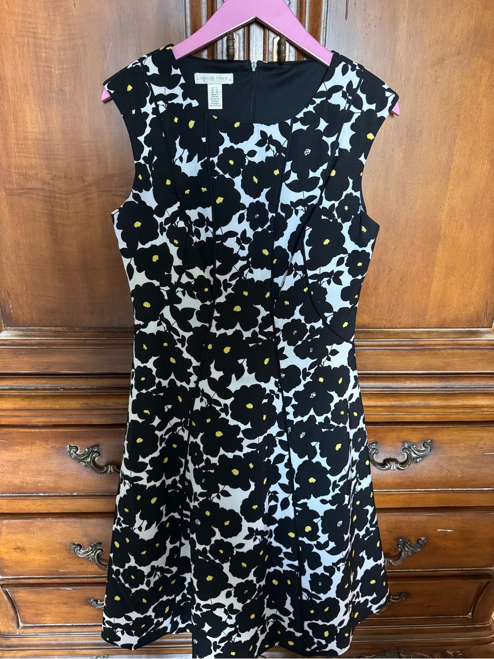 London Times Fit and Flair Black/White/Yellow Floral Dress